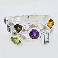 Sarah multicolor gemstone cocktail ring with various shaped colorful stones set in silver band