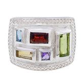 Ida multicolor gemstone cocktail ring with rectangular gems set in textured silver band