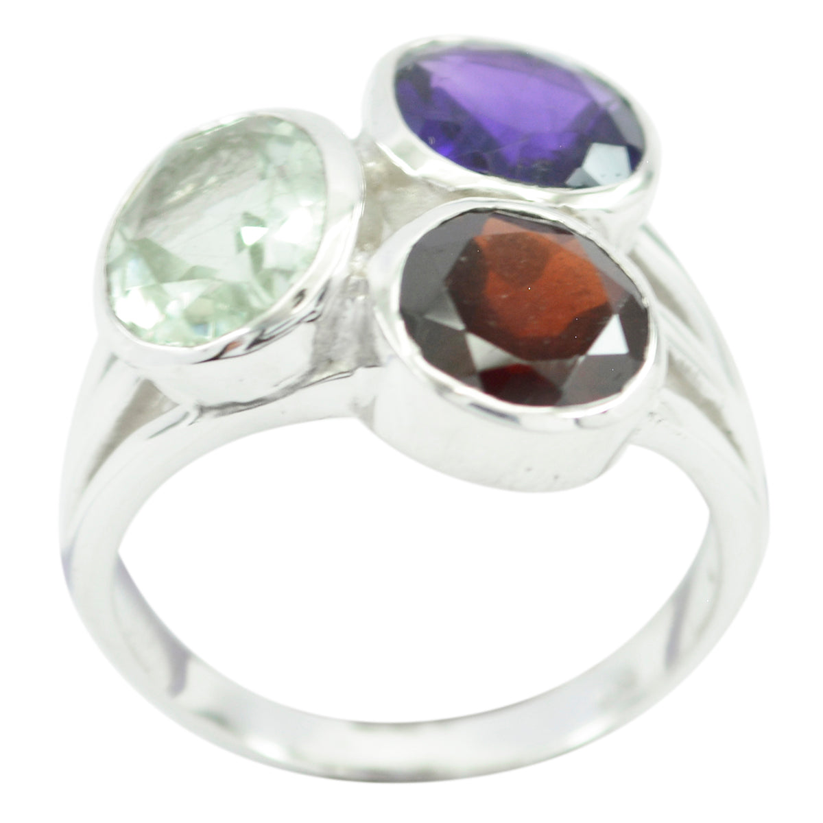 Gabriela multicolor gemstone cocktail ring with purple, green, and red stones set in silver band