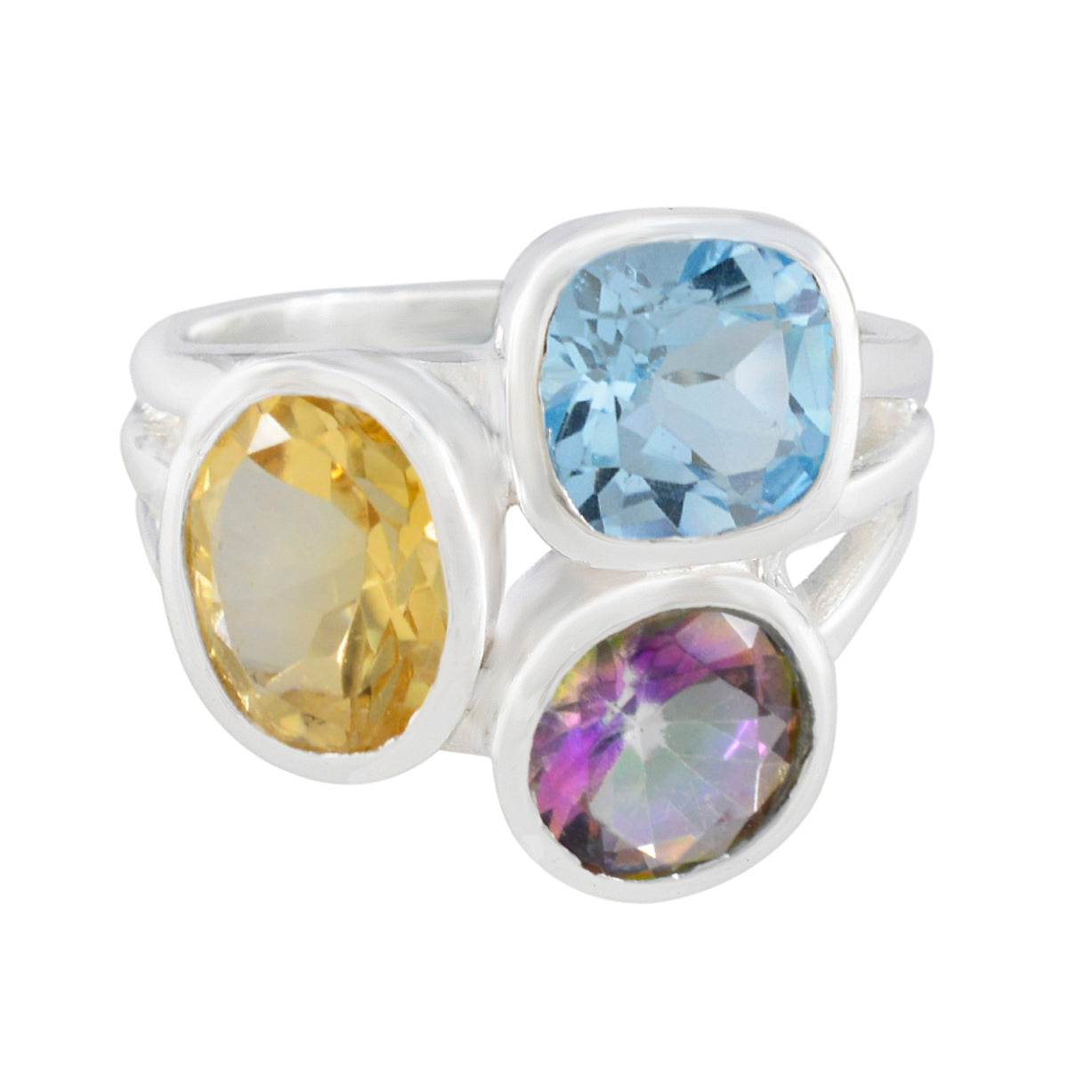 Priya multicolor gemstone cocktail ring with blue, yellow, and purple stones set in silver band