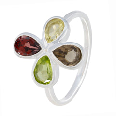 Emi multicolor gemstone floral ring with four pear cut stones in red yellow brown and green on sterling silver band