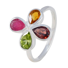 Lakshmi multicolor gemstone floral ring with four teardrop-shaped colorful stones set in silver band
