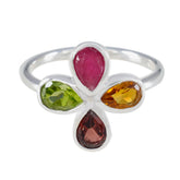 Lakshmi multicolor gemstone floral ring with green, pink, orange, and red teardrop stones in silver setting