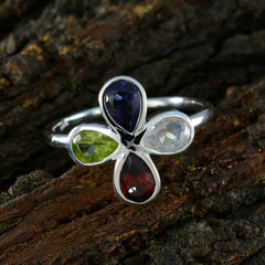 Ayaka multicolor gemstone floral ring in sterling silver with blue green moonstone and red pear shaped gems