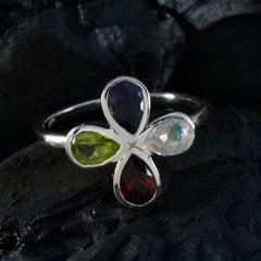 Ayaka multicolor gemstone floral ring sterling silver band with four pear gemstones in blue green red and iridescent