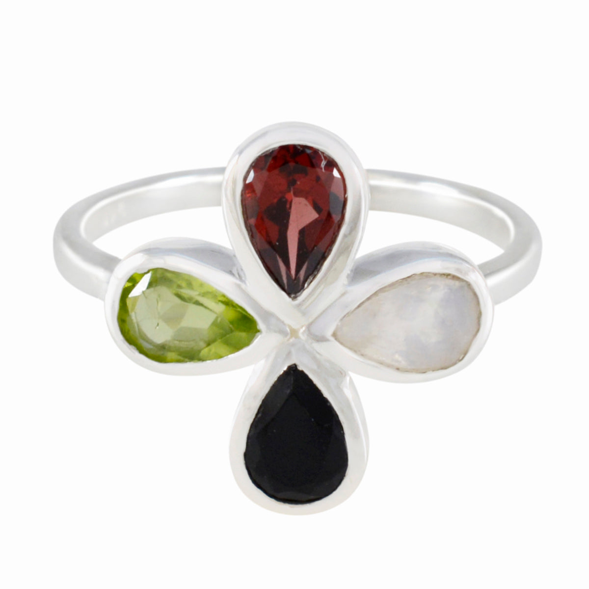 Dewi multicolor gemstone floral ring with red, green, white, and black teardrop stones set in silver band