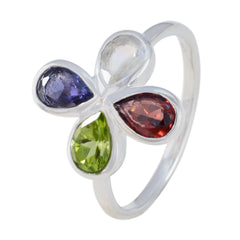 Ayaka multicolor gemstone floral ring in sterling silver with four pear cut stones forming a flower