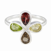Emi multicolor gemstone floral ring sterling silver band with four pear shaped red green yellow brown gems