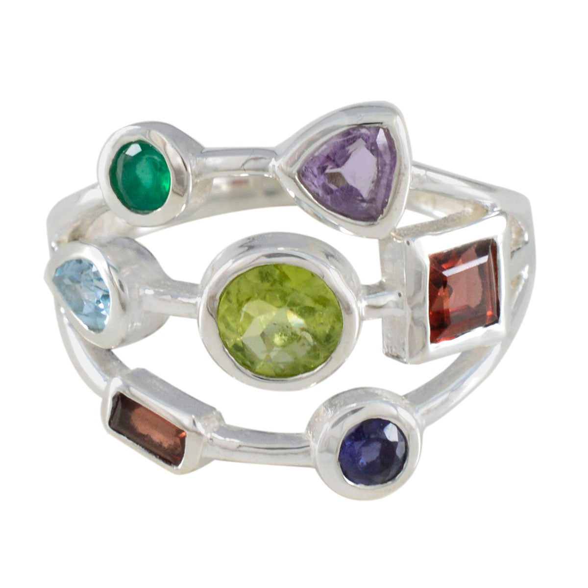 Andrea multicolor gemstone hepta ring in sterling silver with seven colorful faceted stones in mixed shapes and bezel settings