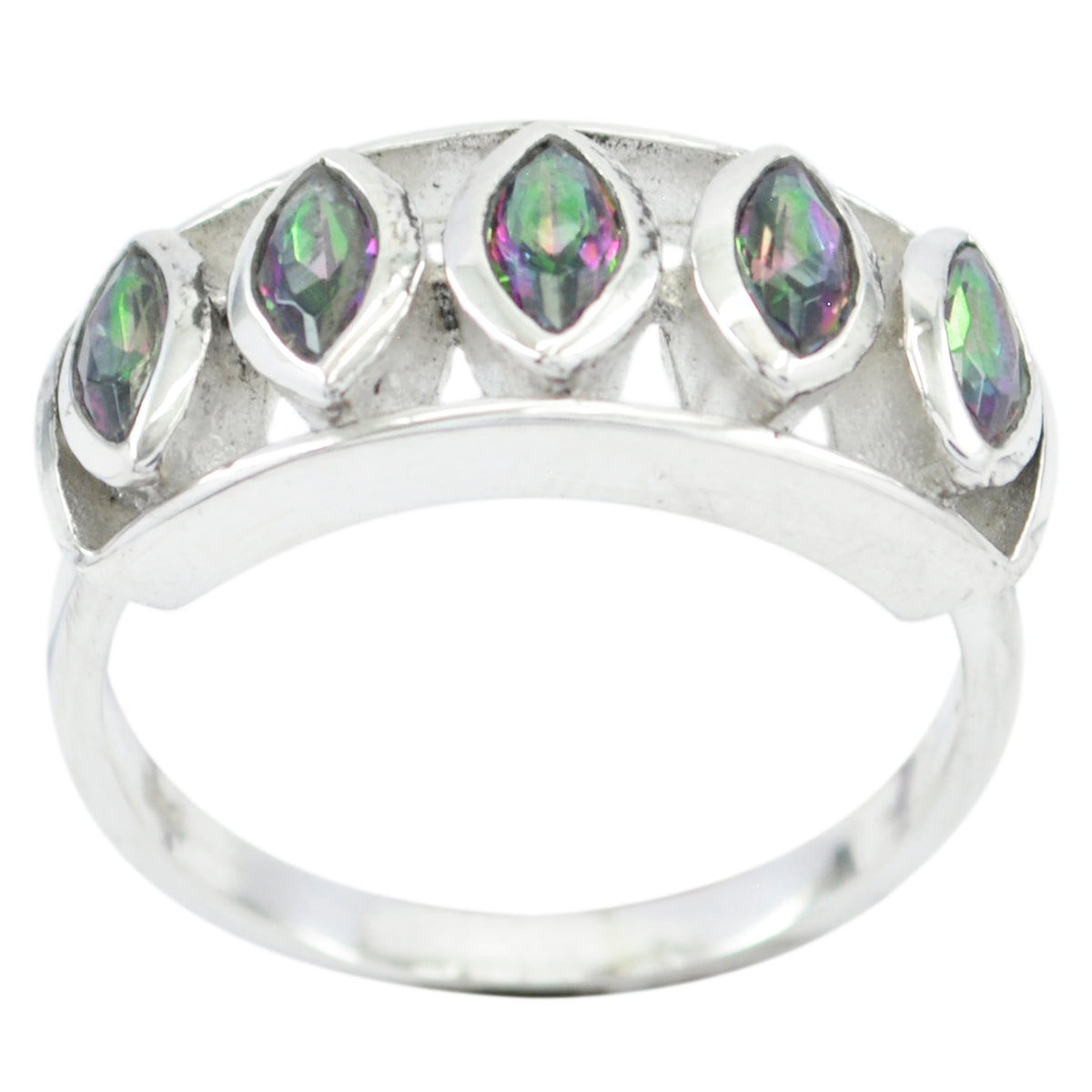 Dayana silver ring featuring a multicolor gemstone penta ring design with five marquise-cut stones