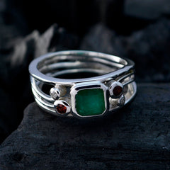 Harper multicolor gemstone penta ring sterling silver with square green center stone and red accent gems