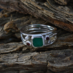 Harper silver ring with green square center stone and red accents on split band multicolor gemstone penta ring