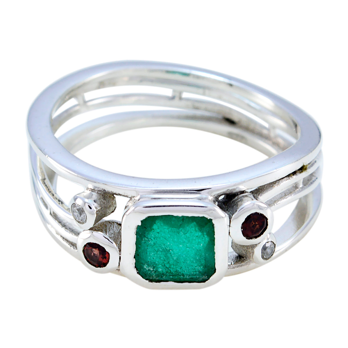 Harper multicolor gemstone penta ring silver split band with green druzy center and red and clear accents