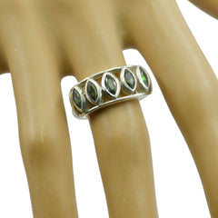 Dayana multicolor gemstone penta ring with five marquise stones set in silver band on finger