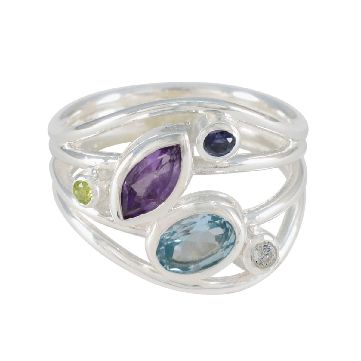 Joaquina multicolor gemstone ring with silver bands featuring purple, blue, green, and clear stones