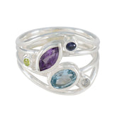 Joaquina multicolor gemstone ring with silver bands featuring purple, blue, green, and clear stones