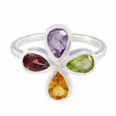 Ha-eun multicolor gemstone ring with purple, red, green, and yellow teardrop stones on silver band