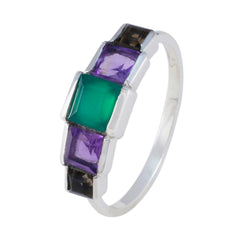 Eun ji silver band multicolor gemstone ring with central square green stone flanked by purple and smoky brown square gems