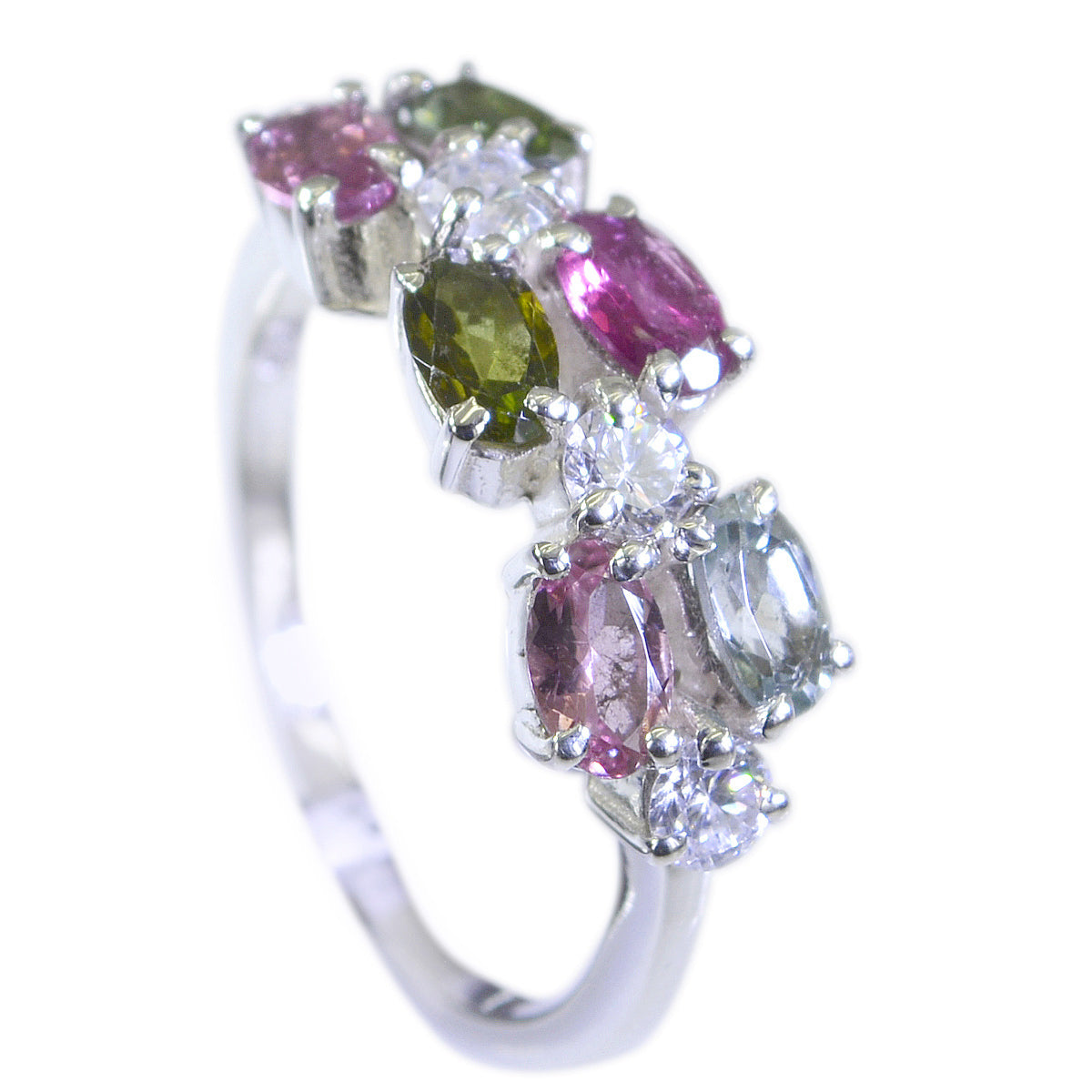 Yan multicolor gemstone ring with oval and round stones set in silver band