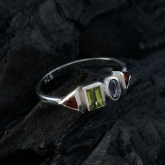 Mei multicolor gemstone ring with green, purple, and red stones set in silver band