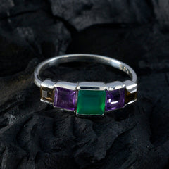 Sterling silver multicolor gemstone ring with square green center and purple side stones