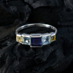 Chen multicolor gemstone ring for women with square blue and yellow stones in sterling silver band