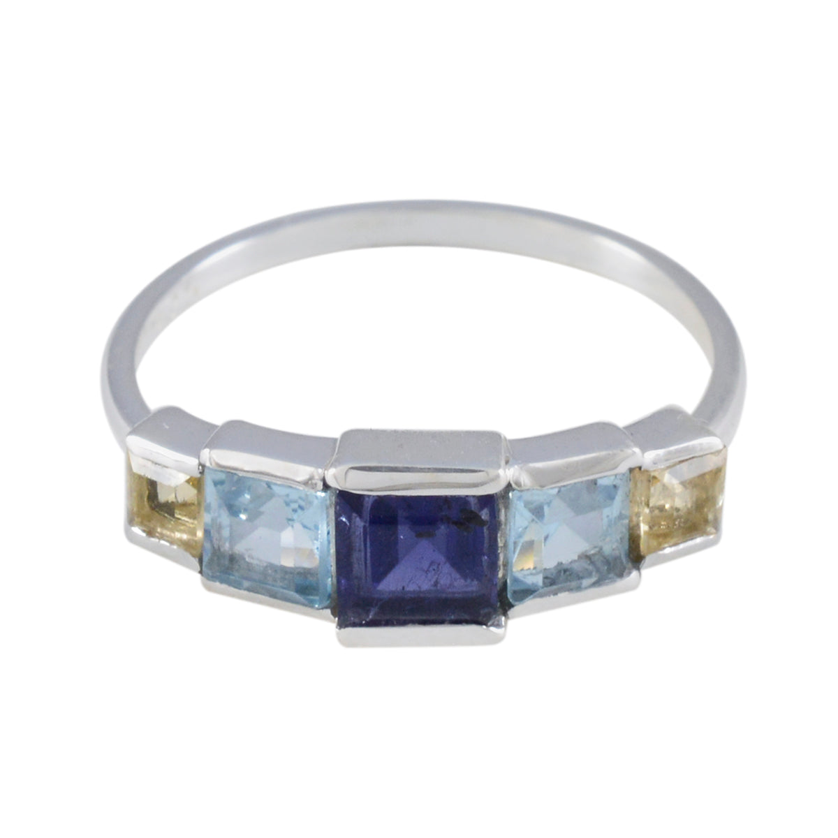 Chen multicolor gemstone ring for women silver band with square blue center and light blue and yellow stones
