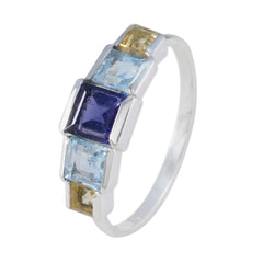 Chen multicolor gemstone ring for women with square cut blue purple and yellow stones on silver band