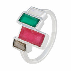 Carolina multicolor gemstone ring for women with green, pink, white, and brown rectangular stones set in silver band