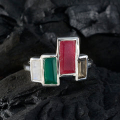 Carolina multicolor gemstone ring for women with rectangular red, green, white, and brown stones in silver setting
