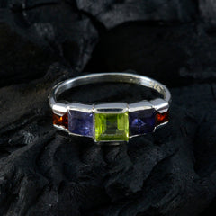 Emi multicolor gemstone ring for women with square green, purple, and red stones set in silver band