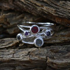 Eva multicolor gemstone ring for women with red, purple, and blue stones set in silver bands