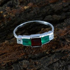 Riya multicolor gemstone ring for women with green, red, and clear stones on silver band