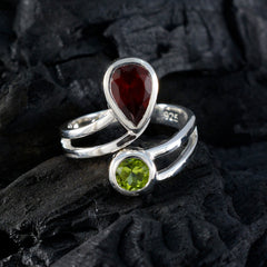 Angel sterling silver multicolor gemstone ring for women with pear red garnet and round peridot