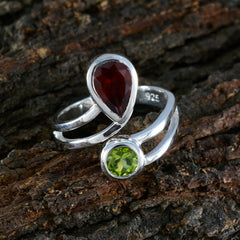 Angel sterling silver multicolor gemstone ring for women with pear red garnet and round green peridot