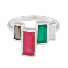 Carolina multicolor gemstone ring for women with rectangular pink, green, white, and brown stones in silver band