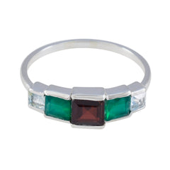 Riya multicolor gemstone ring for women with green, red, and clear square-cut stones set in silver band