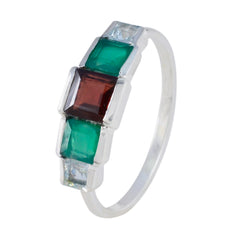 Riya multicolor gemstone ring for women with green, red, and clear square stones in silver band