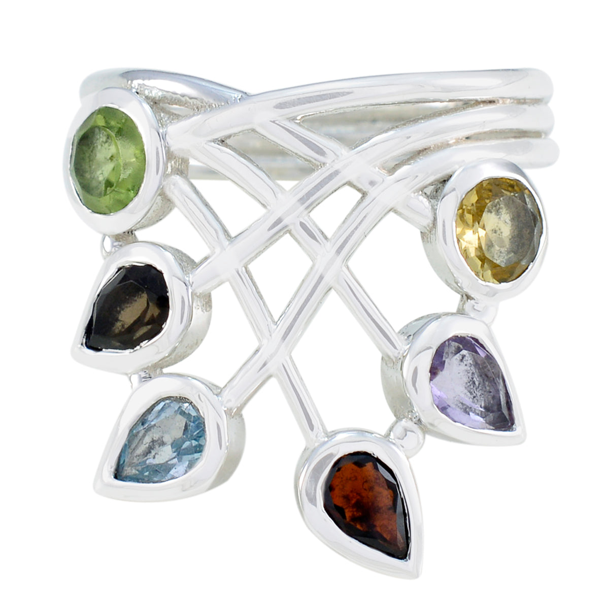 Siti multicolor gemstone ring for women with six teardrop and round shaped colorful stones on silver band