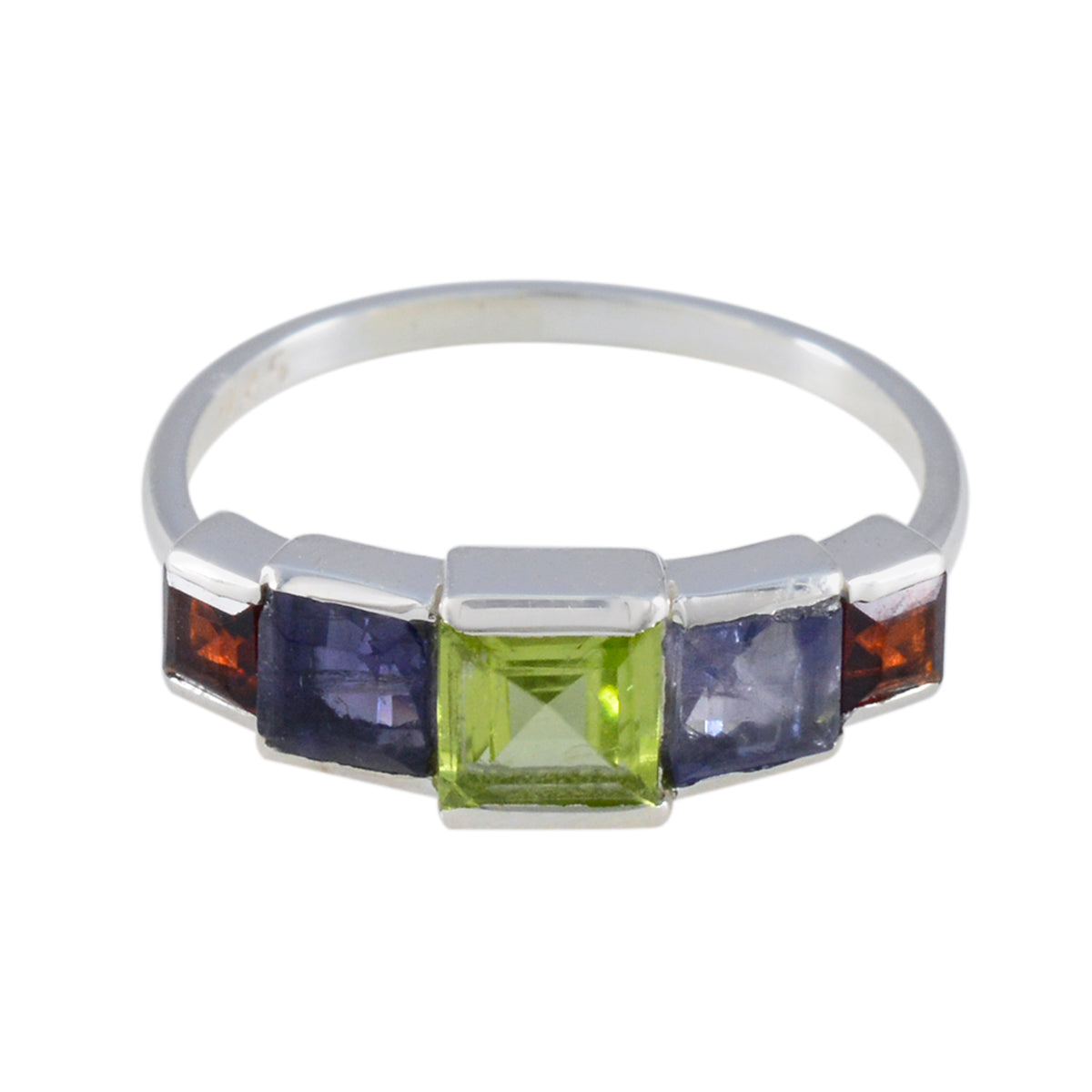 Emi multicolor gemstone ring for women with green, blue, and red square-cut stones in silver band