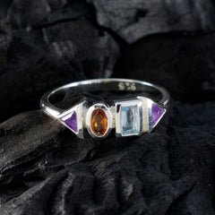 Yasmine sterling silver multicolor gemstone ring for women with aquamarine center citrine and amethyst accents