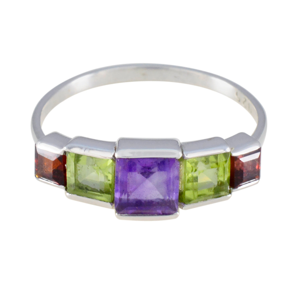 Autumn sterling silver ring with square amethyst center flanked by peridot and garnet multicolor gemstone ring for women