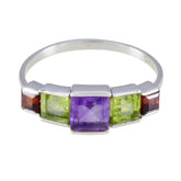 Autumn sterling silver ring with square amethyst center flanked by peridot and garnet multicolor gemstone ring for women