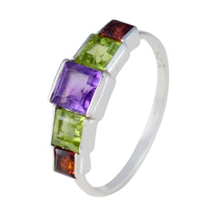 Autumn silver ring with square purple center and green and amber stones multicolor gemstone ring for women