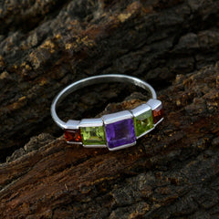 Autumn silver band multicolor gemstone ring for women with square purple center stone and green and red side stones