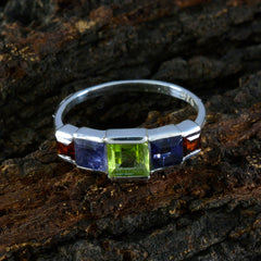 Emi multicolor gemstone ring for women with green, purple, and orange stones in silver band