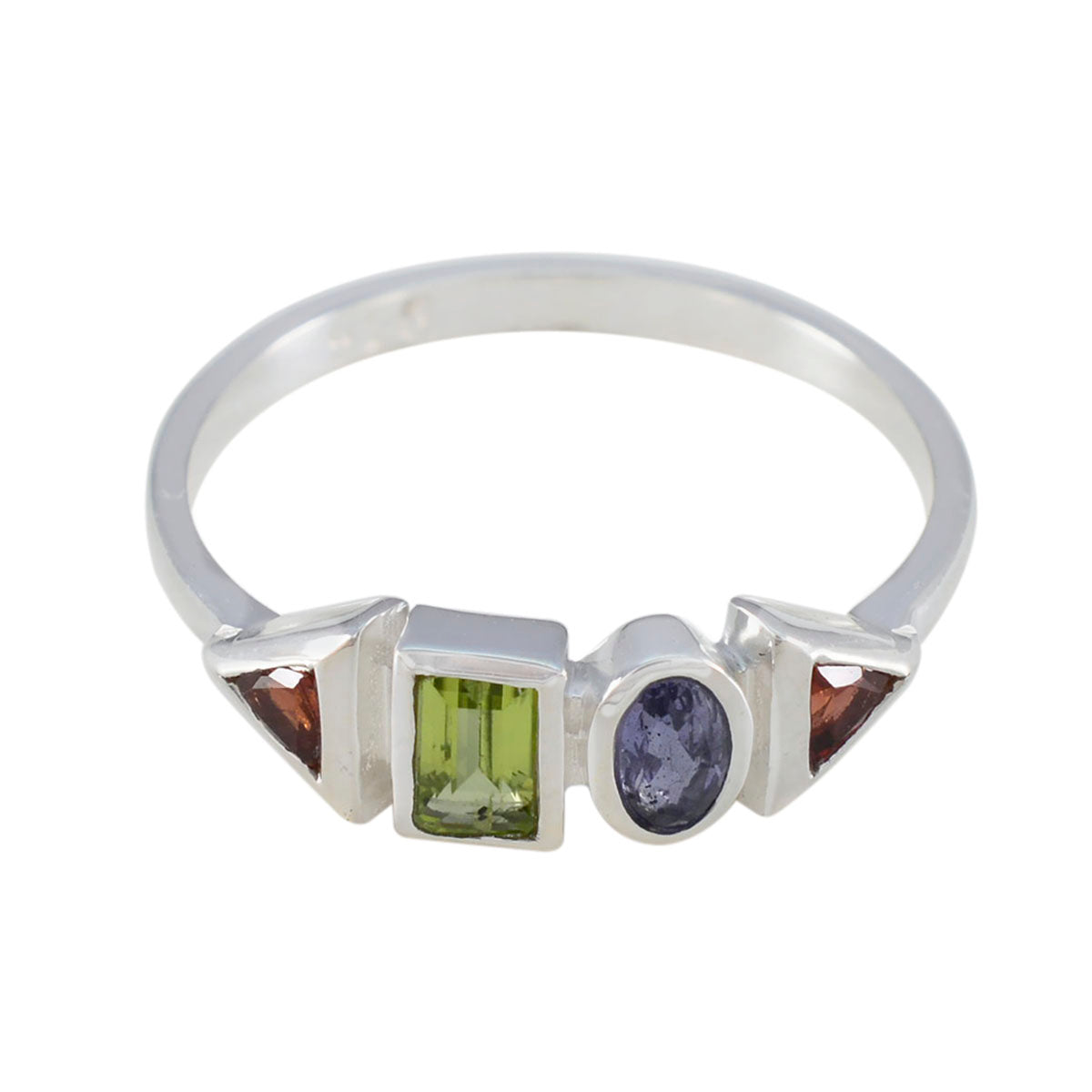 Mei multicolor gemstone ring with green rectangle, purple oval, and brown triangle stones set in silver band