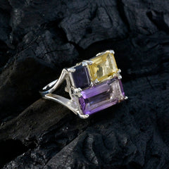 Kristine multicolor gemstone ring with yellow, purple, and lavender rectangular stones on silver band