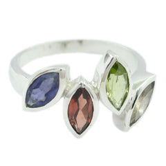 Grace silver band multicolor gemstone ring with blue, red, and green marquise-cut stones