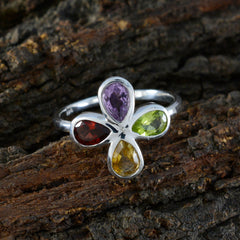Ha-eun multicolor gemstone ring with purple, red, yellow, and green stones on silver band